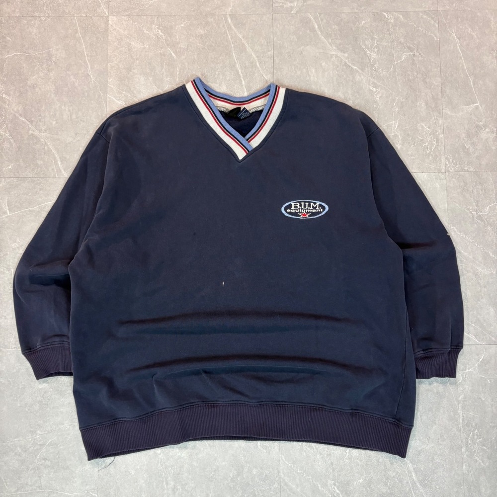 Vintage BUM Equipment Navy Blue V-Neck Sweatshirt Mens Small Medium Embroidered